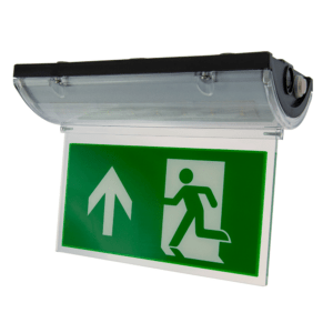 Dortmund LED nood net 3-fase railspot 4W 350lm 4000K IK07 wit + plexiplaat pictogram uit schuin aanzicht